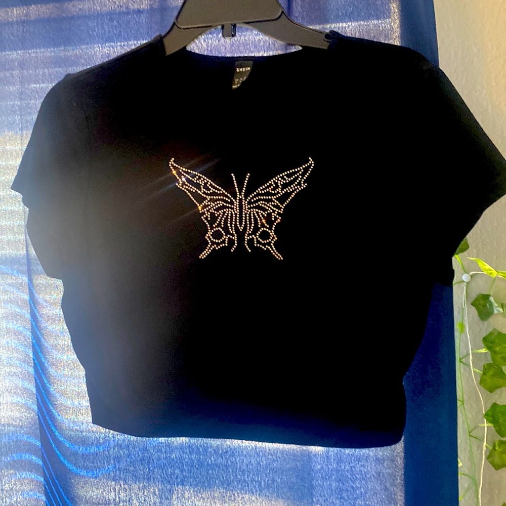 SHEIN top. Black with butterfly rhinestone designs. Size XL, fits like large.